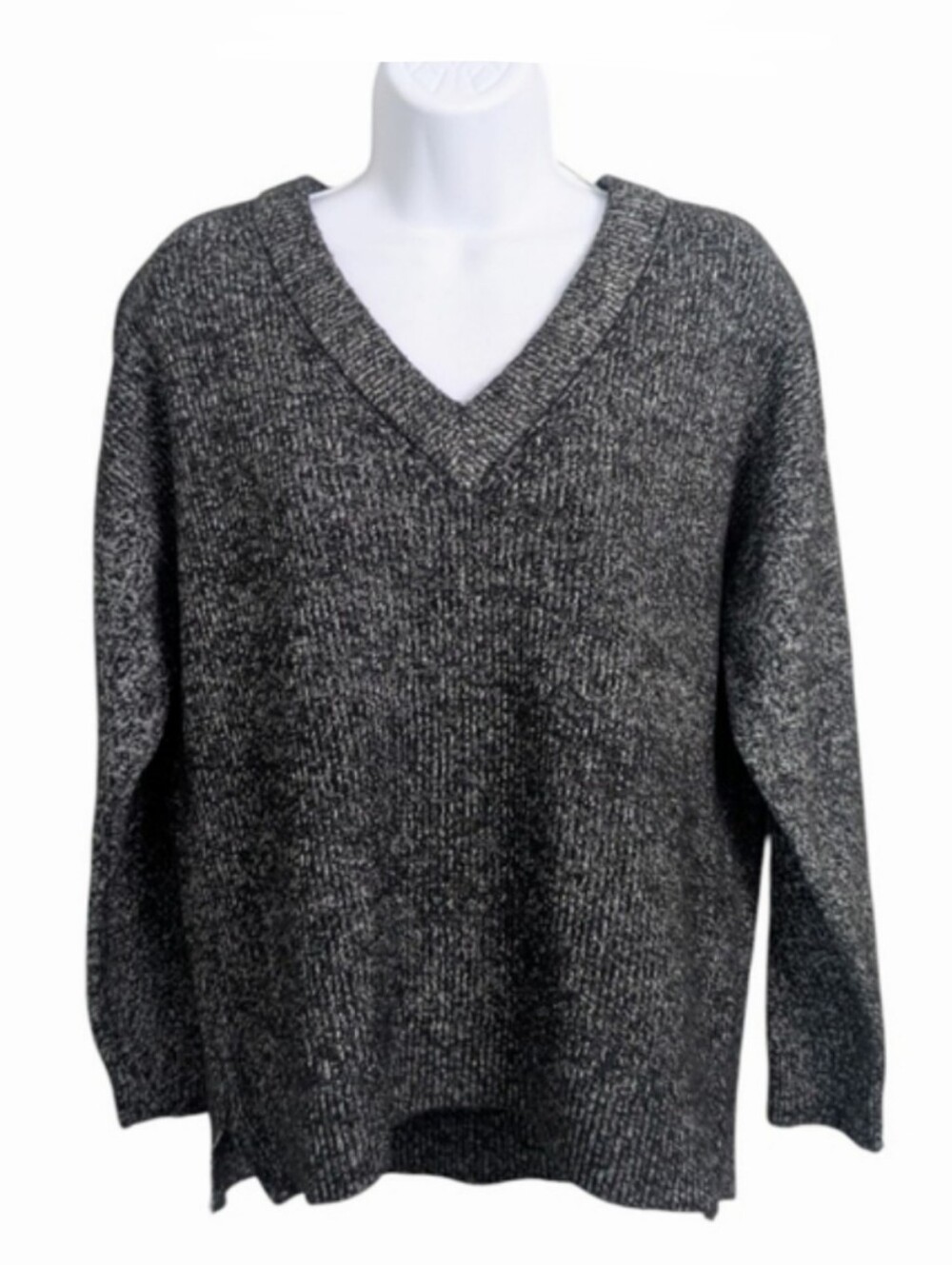 Massimo Dutti Woman Wool Blend V-Neck Sweater Sz M Black White Marled Minimalist